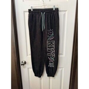 KISS Rock & Roll Graphic Jogger Sweatpants Sz S Black Y2K Grunge Punk Streetwear